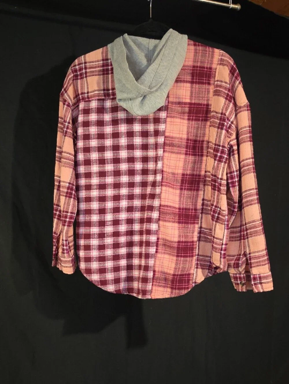 Justice Peach & Burgundy Plaid Hooded Button-Down Shirt